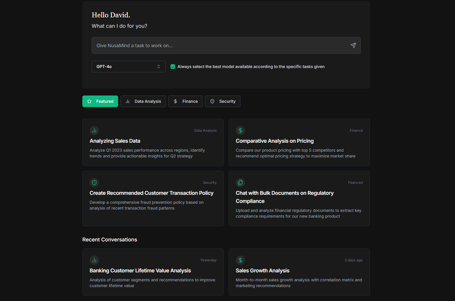 Nusamind AI platform user console interface